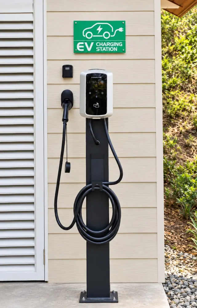 An EV charging station with its charging cable, card reader and green EV Charging Station sign