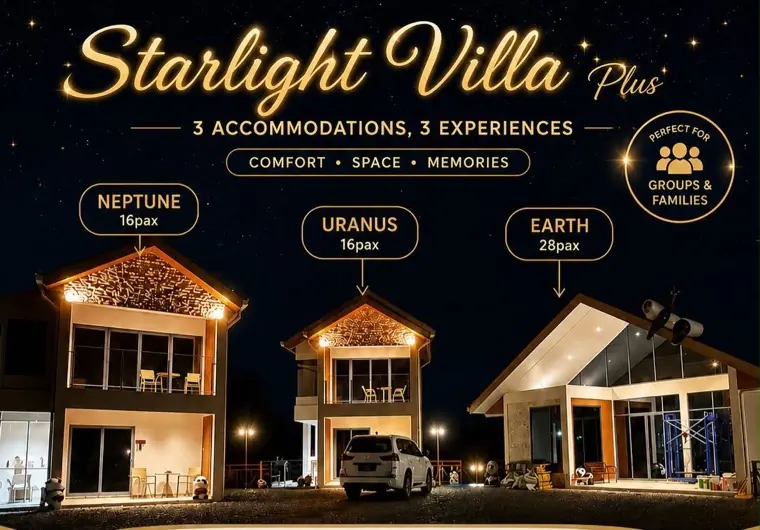 Starlight Villa Plus at night: Neptune, Uranus and Earth lit up under a starry sky